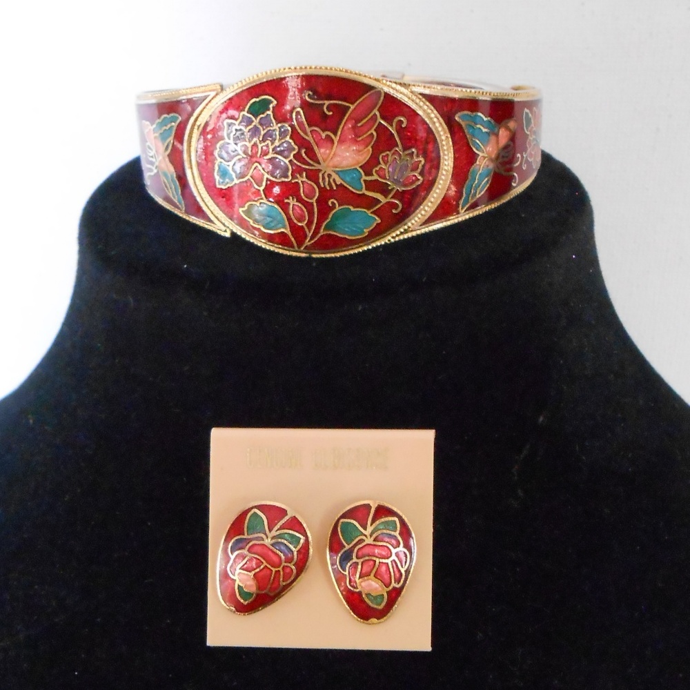 Cloisonne Butterfly Bracelet and Earrings